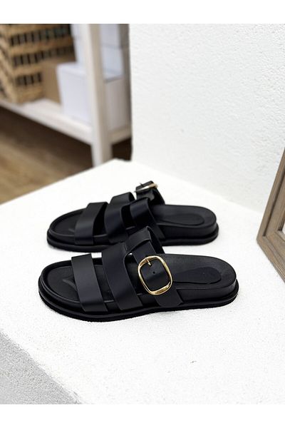 NUR KARACA 25Y5608 Buckle Detail Banded Khaki Leather Flat Sole Slippers for Women