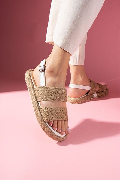 FUGA MODA Sandale premium cu talpă înaltă din paie cu bandă din paie albă Sandy