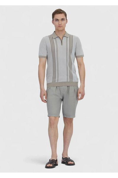 Ramsey Beige Polo Neck Striped Cotton Blend Knitwear