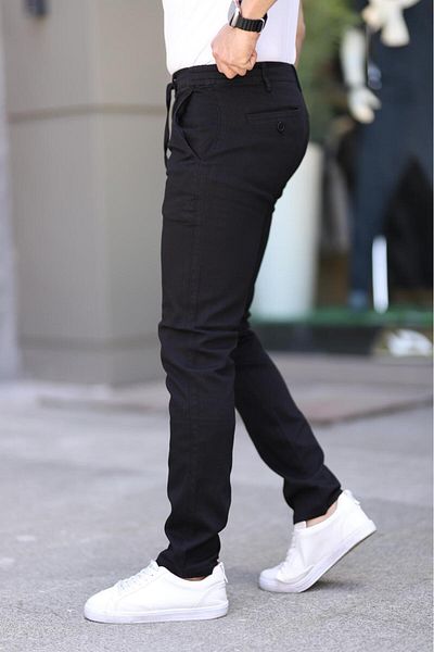 XORVİO Men's Slim Fit Flexible Lycra Dobby Quality Linen Lace-Up Stylish Black Trousers