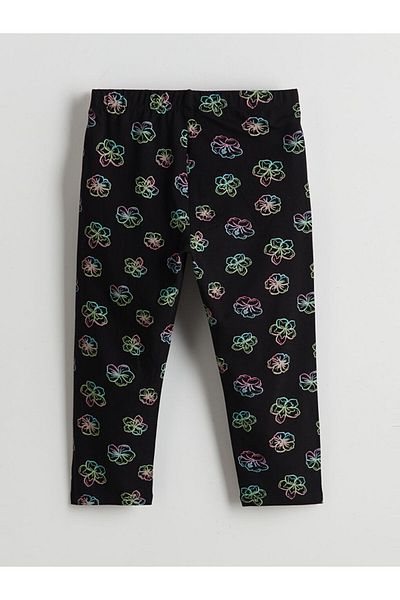 LC Waikiki Black Elastic Waist Floral Girl's 3/4 Length Leggings