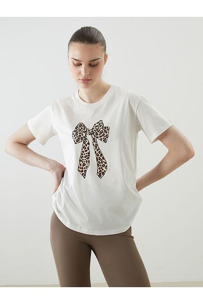 LC Waikiki Ecru Crew Neck Ribbon Printed Women's T-Shirt