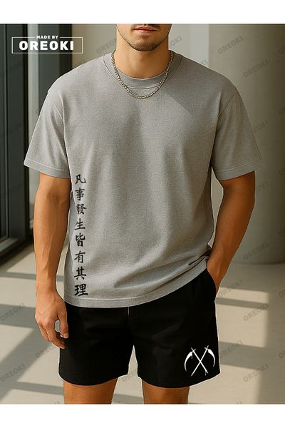 EFFRENATU Latest Breath Printed Cotton Fabric Unisex Gray T-Shirt-Black Shorts Set