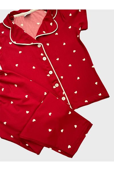 tusem butik homewear Set de pijamale de vară pentru fete, 100% bumbac, roșu Claret, cu model de inimă, guler cămașă, cu nasturi, mâneci scurte