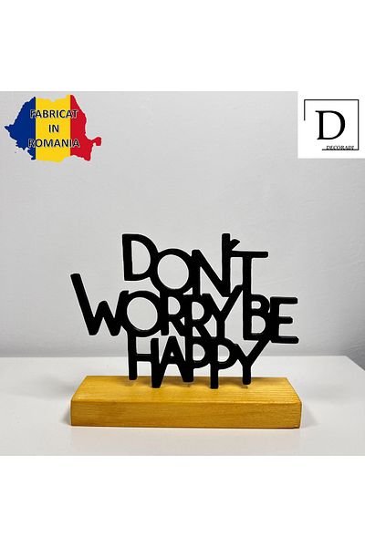 OEM "Don't Worry, Be Happy" decoration with natural wood base, 12 cm, black, 3D printed