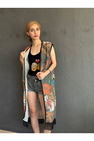 Gönülden Tasarım Жіночий жилет з квітковим візерунком і довгими бахромами, пляжний жилет, 105 см