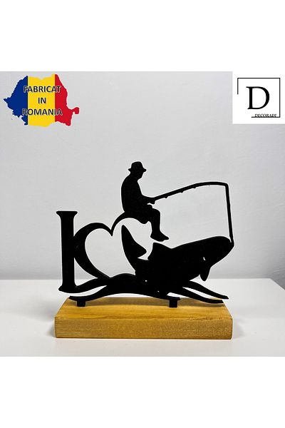 OEM "Fisherman" decoration with natural wooden base, 13.5 cm, black, 3D printed