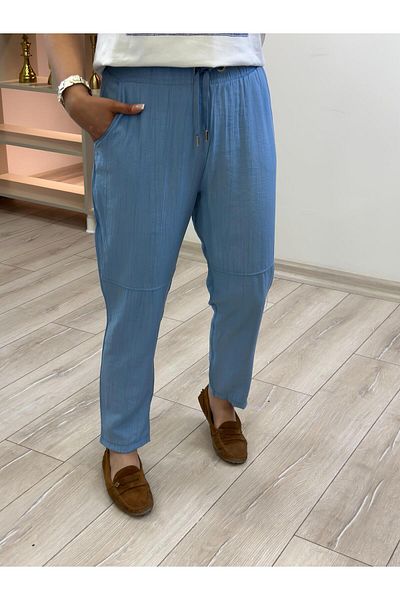MELTEM TUĞAN Elastic Waist Linen Trousers Baby Blue
