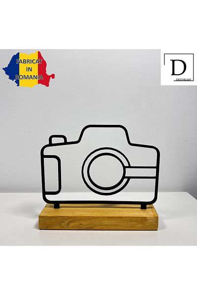 OEM "Photo Camera" decoration with natural wooden base, 12 cm, black, 3D printed