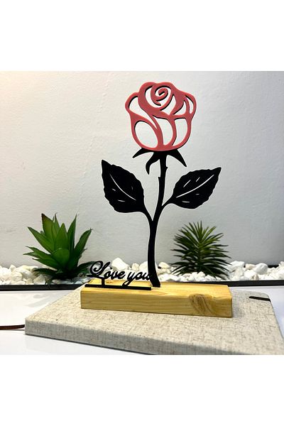 OEM "Pink Rose - Love You" decoration with natural wooden base, 22 cm, pink/black, 3D printed