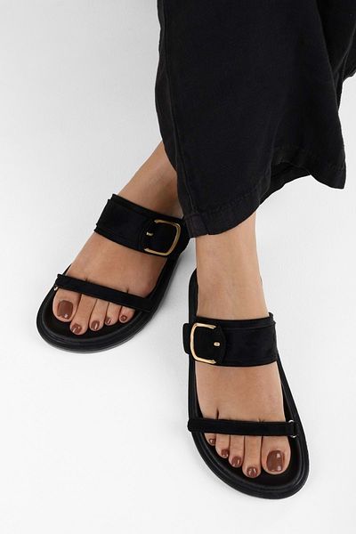 Shoeberry Women's Auree Black Suede Velcro Buckle Detailed Slippers
