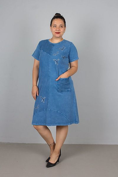 Truva XXL Blue Stone Embroidered Washed Cotton Combed Dress – Plus Size Comfortable and Stylish between 42 and 56