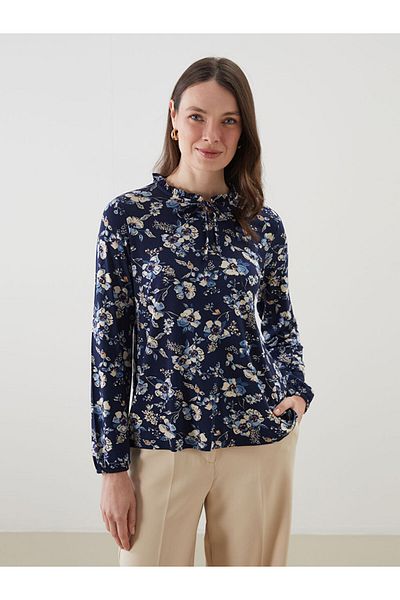 LC Waikiki Grace Plum Tie Collar Floral Blouse