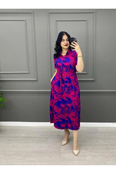 EGELİMODA فستان قميص طويل من الفسكوز الوردي بأزرار من BODAN