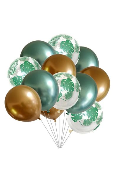 Teno Set of 15 Teno® Balloons, Leaf Pattern, latex, green/gold/transparent