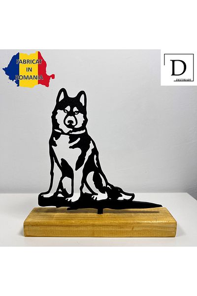 OEM "Wolf" decoration with natural wooden base, 16 cm, black, 3D printed