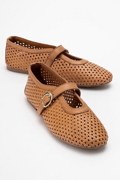 LuviShoes Mirella Tan Braided Genuine Leather Women's Ballerina Shoes