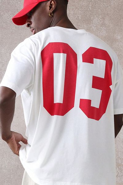 MODAGEN Men's White Crew Neck 03 Printed Oversize T-Shirt