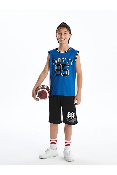 LC Waikiki Blue Crew Neck Varsity Printed Boys Undershirt
