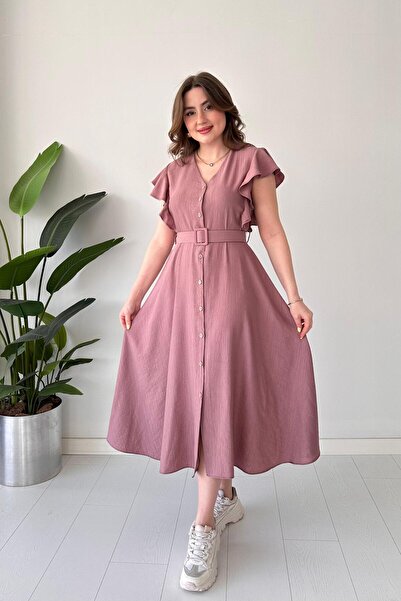 MaziButik Ruffle Sleeve Textured Dress Powder