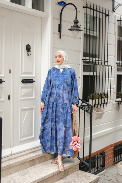 LOCCO Women's Foggy Floral Patterned Dress Navy Blue