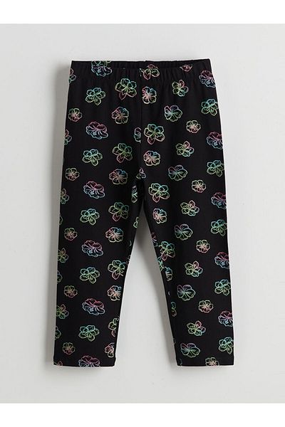 LC Waikiki Black Elastic Waist Floral Girl's 3/4 Length Leggings