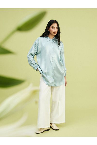 LC Waikiki New Season Striped Oversize Satin Women's Shirt Tunic - S5Fh72Z8