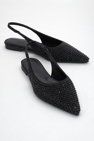 LuviShoes Ida Black Black Stone Pointed Toe Open Back Women's Ballerina Shoes