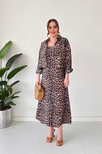 MaziButik Patterned Shirt-Hanging Dress Set Leopard