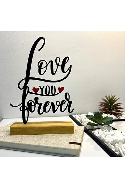 OEM "Love You Forever" decoration with natural wooden base, 21 cm, red/black, 3D printed