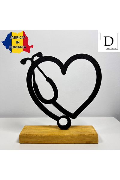OEM "Stethoscope" decoration with natural wood base, 16.5 cm, black, 3D printed