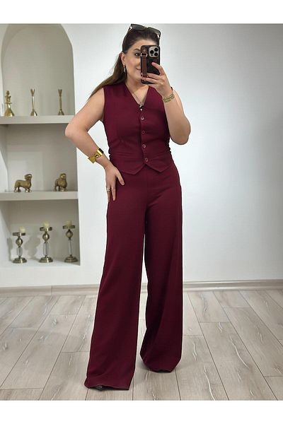 MELTEM TUĞAN Premium Wide Leg Fabric Trousers Claret Red