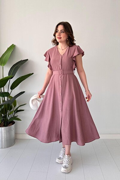 MaziButik Ruffle Sleeve Textured Dress Powder
