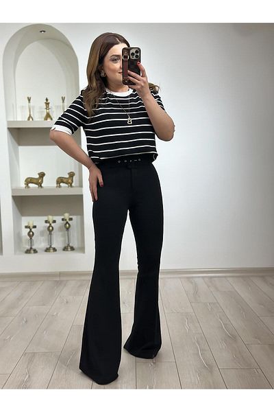 MELTEM TUĞAN Full Lycra Belted Spanish Leg Trousers Black
