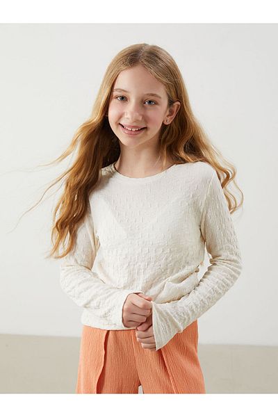LC Waikiki Ecru Crew Neck Textured Girl's T-Shirt