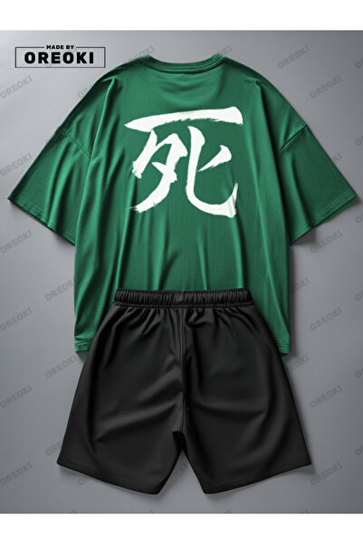 EFFRENATU Latest Breath Printed Cotton Fabric Unisex Green Forest T-Shirt-Black Shorts Set