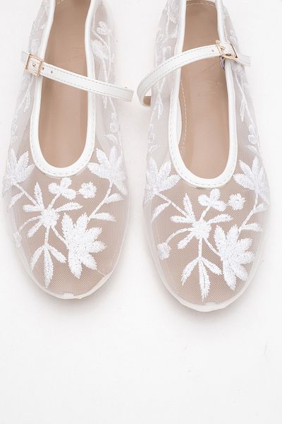 LuviShoes JUNY Pantofi de balerină de damă cu broderie florală din plasă albă