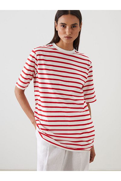 LC Waikiki Black Crew Neck Striped Women's T-Shirt