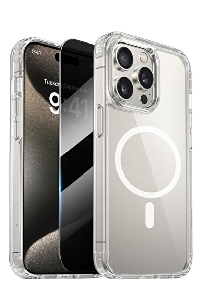 Evax 1H1M iPhone 15 Pro Uyumlu 1 Hayalet Cam Ekran Koruyucu & 1 Magsafe Kılıf