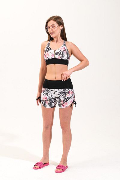 Signature Style 725713_Women, Drawstring Shorts, Zipper Detailed Crop, Black Slip, 3 Piece Hawaiian Patterned Swimsuit Set - De