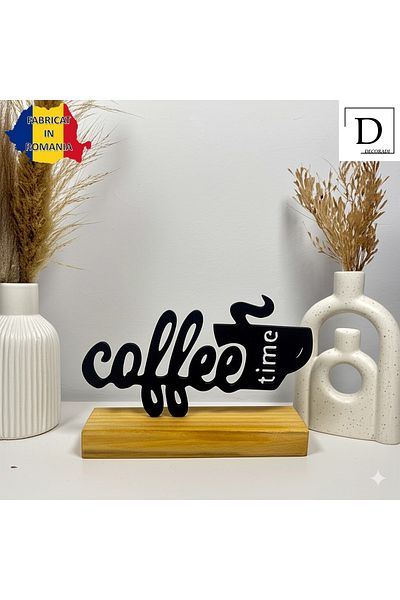 OEM "Coffee Time" decoration with natural wood base, 10 cm, black, 3D printed