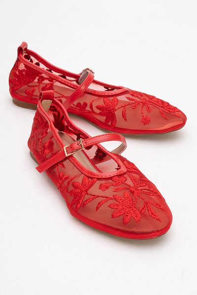 LuviShoes Juny Red Mesh Flower Embroidered Women's Ballerina Shoes