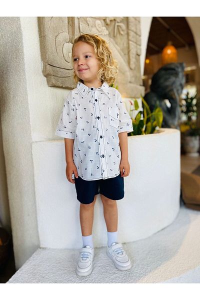 Next Baby Laciel Paris White Linen Short Sleeve Shirt Navy Blue Shorts Bottom Top Set