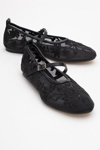 LuviShoes JUNY Pantofi de balerină de damă cu broderie florală din plasă neagră