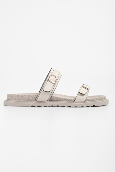 Shoeberry Women's Viloe Beige Skin Buckle Detailed Slippers