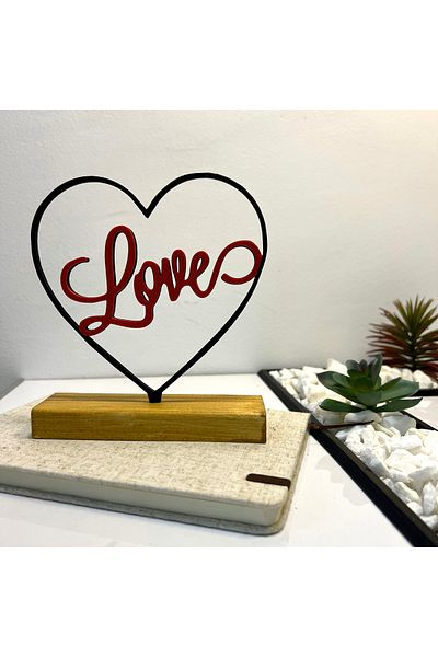 OEM "Love" decoration with natural wooden base, 15 cm, red/black, 3D printed