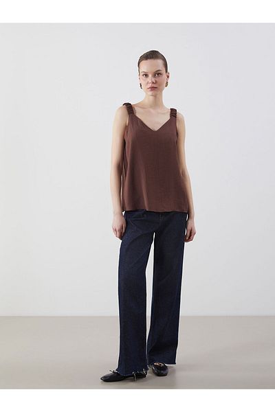 LC Waikiki Brown V-Neck Textured Women's Blouse
