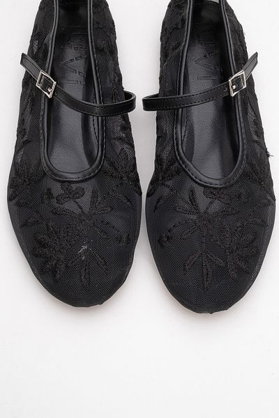 LuviShoes JUNY Pantofi de balerină de damă cu broderie florală din plasă neagră