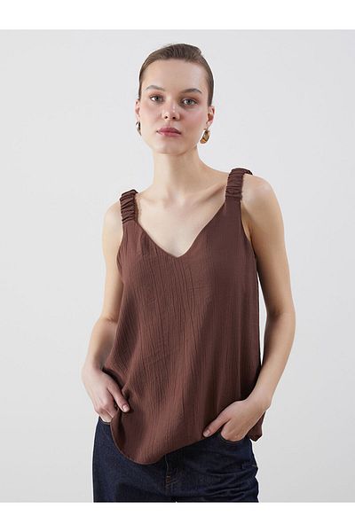 LC Waikiki Brown V-Neck Textured Women's Blouse