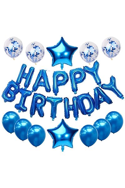 Teno Set of 25 Teno® Balloons, Letters, confetti, stars, HAPPY BIRTHDAY model, blue